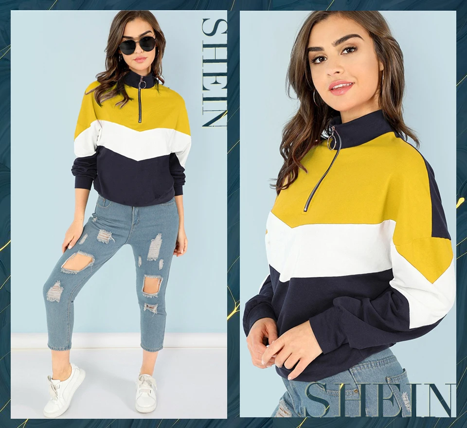 SHEIN Контрастный Свитшот На Молнии, Спортивный Свитшот В Яркую Полоску, Стильный Свитшот