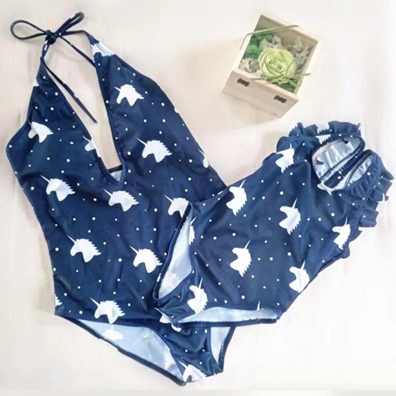 Unicorn Dark Blue Семейные Комплекты Купальники мать и дочь бикини Для женщин девочки; Дети Популярные ананас цельный праздничное плавание Мягкий купальник - Цвет: Unicorn Dark Blue