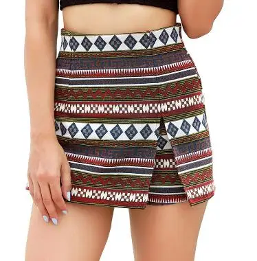 brown shorts Летние Оптовые Инди народные Геометрические Шорты для женщин полиэстер тканая женская короткая юбка средняя талия молния короткая леди 81588 - Цвет: brown shorts