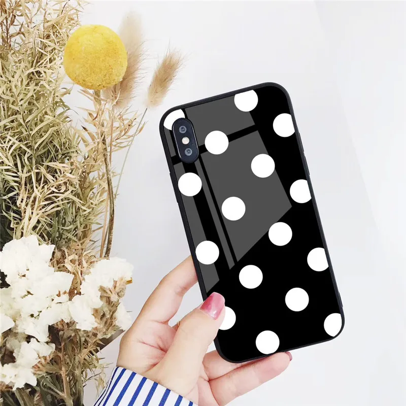 GYKZ Винтажный чехол из закаленного стекла для телефона в горошек для iPhone XS MAX XR X 7 8 6 6s Plus черный белый глянцевый Жесткий Чехол