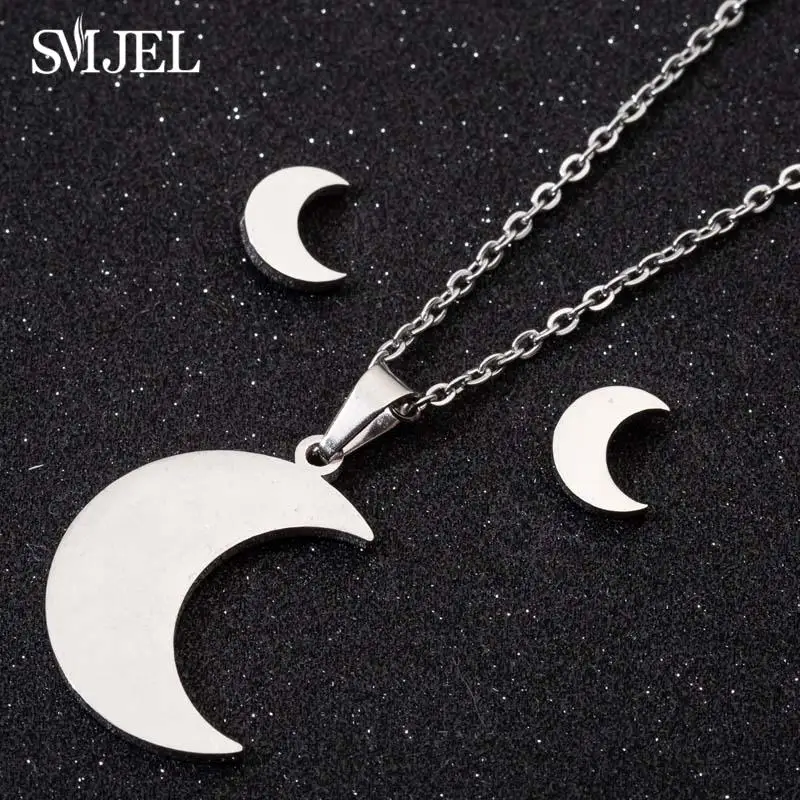 Silver JewelrySet 56 SMJEL простой из нержавеющей стали солнце цветок ожерелья для женщин Рок серьги молнии Стад девушка подарки вечерние шикарные ювелирные изделия - Окраска металла: Silver JewelrySet 56