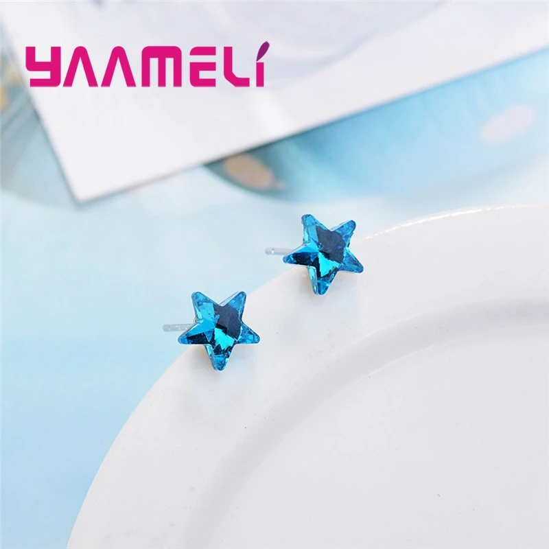 Simple Design Blue Star Shape Stud Earrings For Women Females 925 Sterling Silver Needles Fashion Casual Party Wedding Present | Украшения