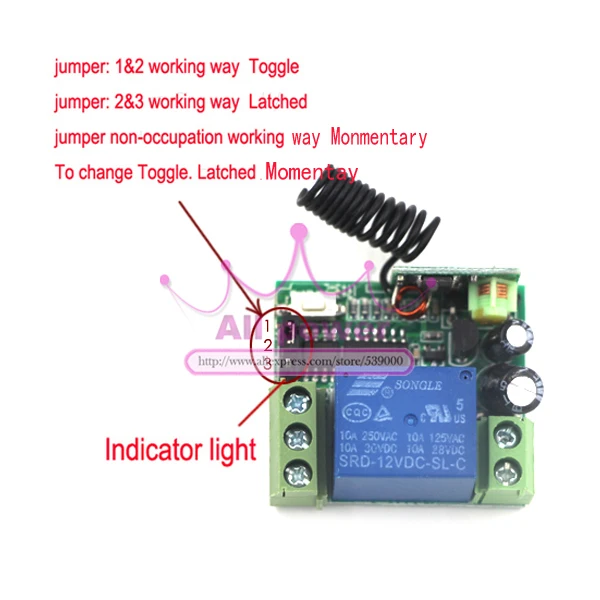315/433MHZ DC12V 1CH remote control light on off switch 1Transmitter 4Receiver Momentary Toggle Latched with Relay indicator |