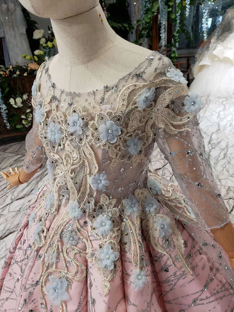 LSS517t розовые пышные платья для девочек с круглым вырезом, фатиновые рукава, платье с цветочным рисунком вечернее платье с бисером для девочек primera comunion decoracion