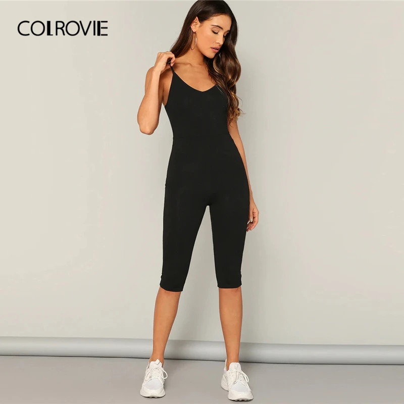 COLROVIE, черный однотонный обтягивающий комбинезон на бретельках, женский, весна-лето, модный, на бретельках, без рукавов, женские сексуальные комбинезоны