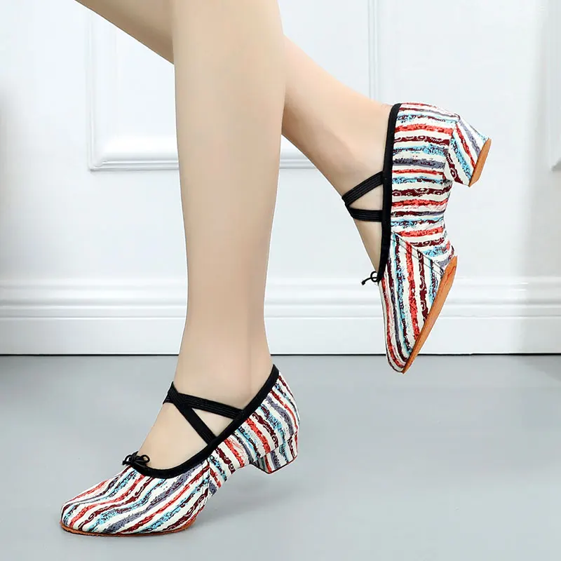 

Women Ballet Jazz Dancing Shoes Colorful Stripe Female Teacher's Practice Fitness Dance Shoes Soft Sole Girls Performance Shoes