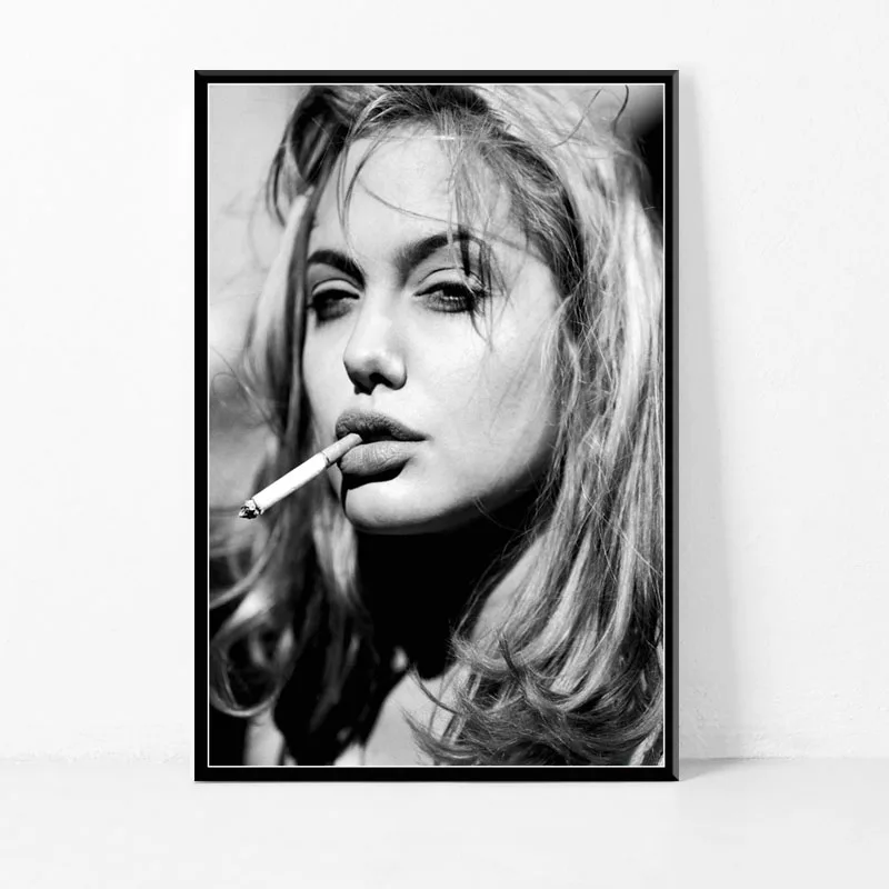 P692 Angelina Jolie Сексуальная популярная кинозвезда Acrtess черно-белая курительная художественная живопись Шелковый Холст плакат настенный домашний декор