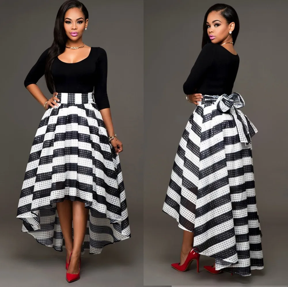 JIASIYUN Women Autumn Two Piece Set Fashion Sexy Black Top +Irregular Skirt Striped Printing with Big Bow Bubble Skirts | Женская одежда