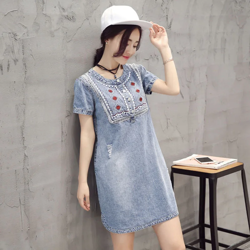 Лето 2017 г. Новый Для женщин мода ковбой платье и пуговицы с вышивкой талии лист