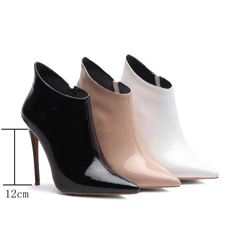 

SIMLOVEYO Sexy solid booties pointed toe ankle boots for women super high heels zipper patent leather bottes big size 33-45 bota