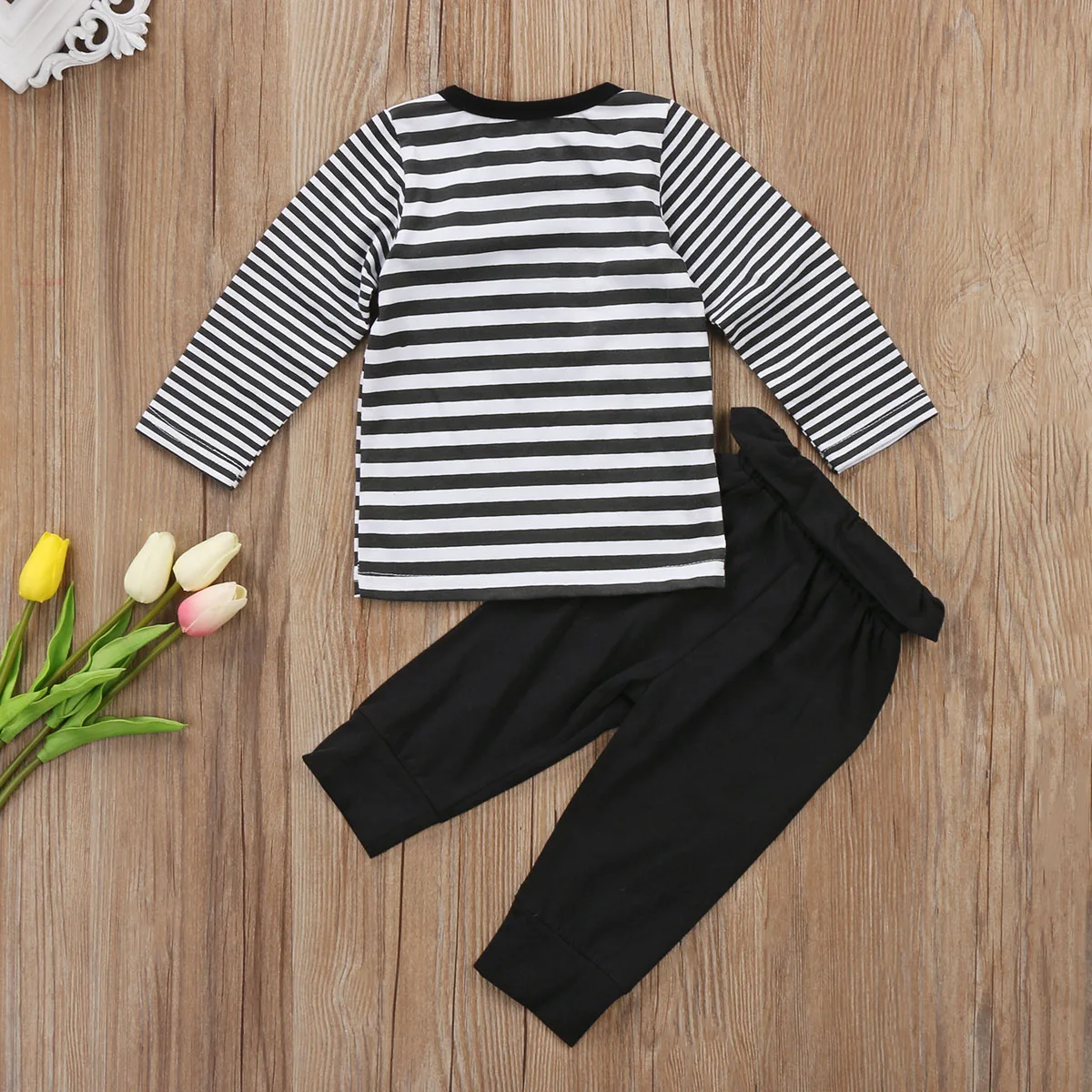 2017 Cute 2PCS Newborn Kids Baby girl T-shirt Striped Tops+Long Black Button Pants Outfits Gray Set Casual Tracksuit 0-24M |