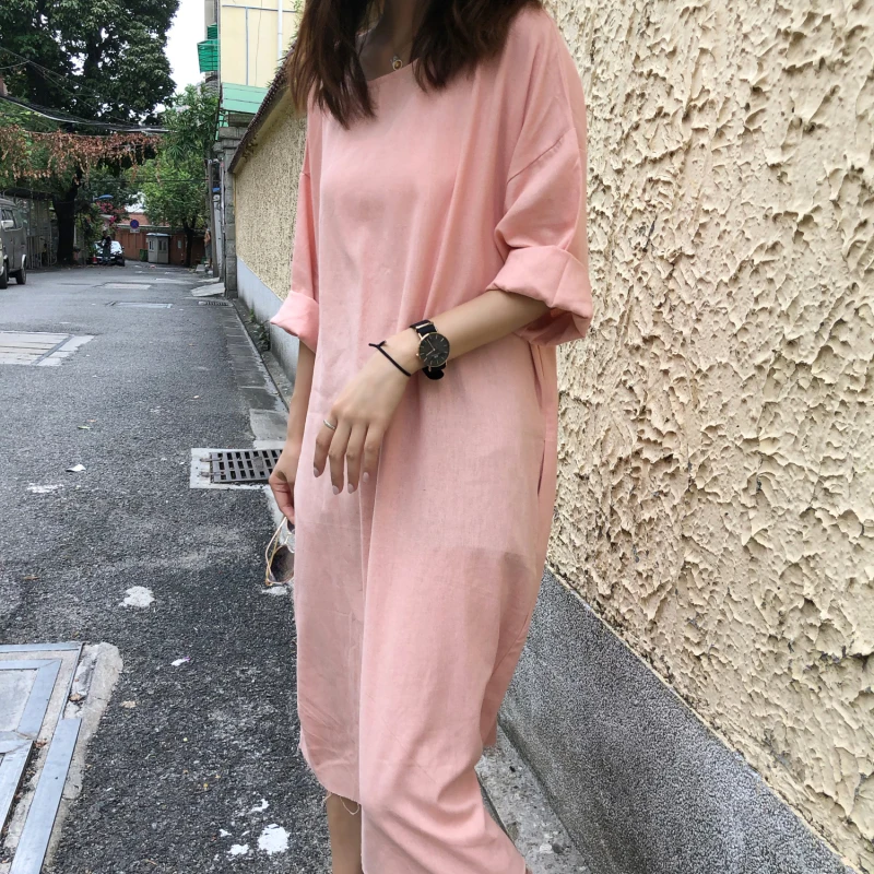 AIYANGA 2018 Solid Casual Dress Female Loose Medium Long Sleeve O Neck Summer Autumn Big Size Dresses For Woman | Женская одежда