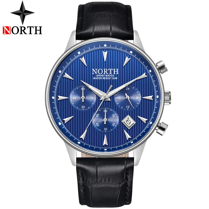 Silver Blue Мужские часы от люксового бренда NORTH, мужские часы с автоматическим хронографом и датой, кварцевые часы, мужские золотые повседневные спортивные военные наручные часы - Цвет: Silver Blue