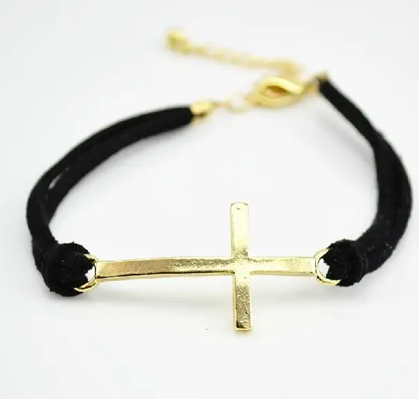 M&T(24pc/lot) Free Shipping New Hotselling Leather sideways Gold Cross Charm Bracelet 2013 Wholesale|bracelet fashion|bracelet punkcharm bracelet