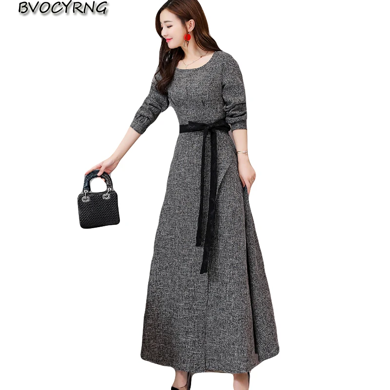 Женское плотное платье с поясом длинное приталенное широкой юбкой весна осень 2018