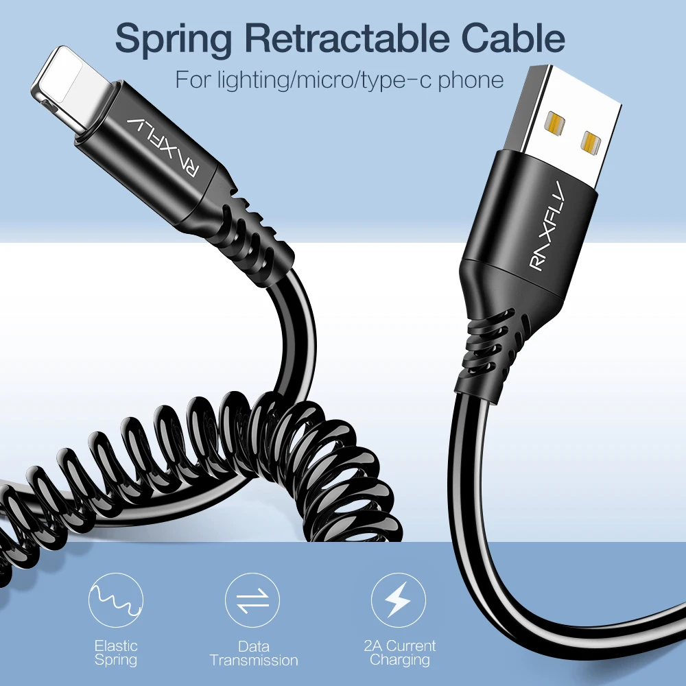 RAXFLY пружинный USB кабель для iPhone XS XR Type C Micro samsung провод Xiaomi зарядки Lightning на айфон