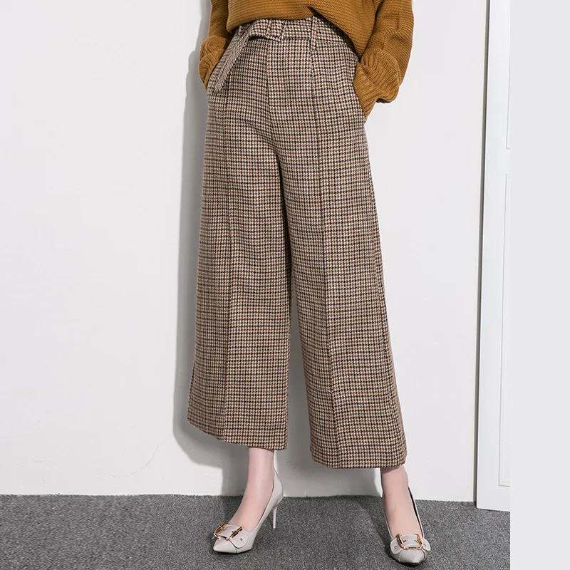 Cakucool новые женские клетчатые широкие брюки с высокой талией Свободные шерстяные