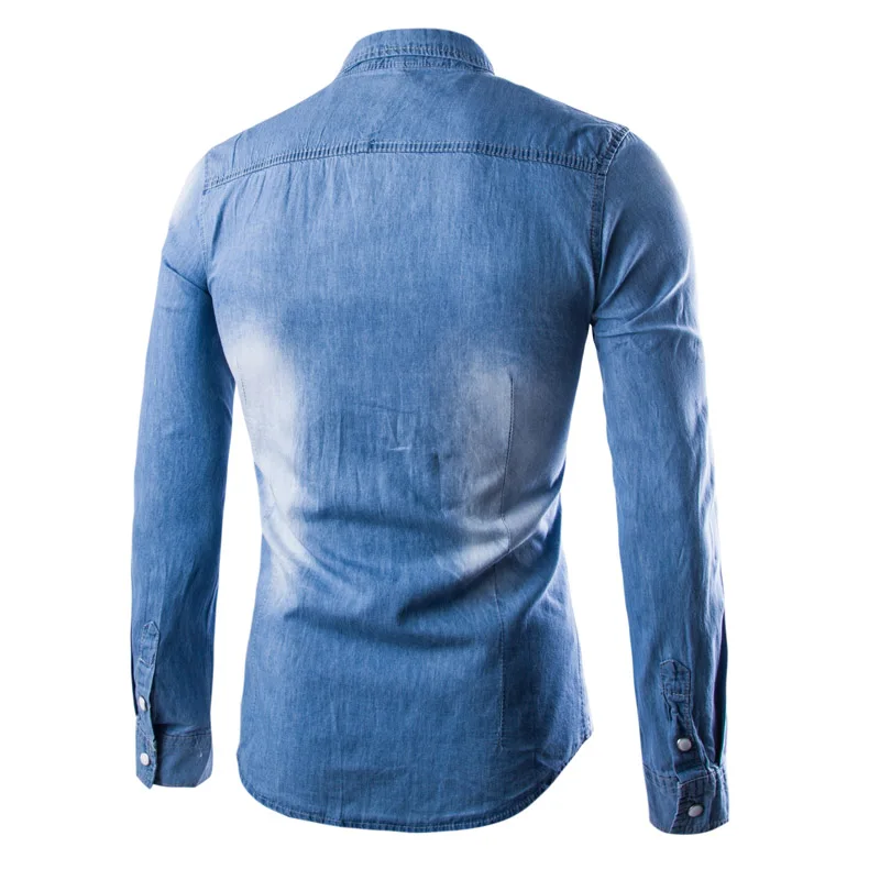 Рубашка мужская джинсовая с длинным рукавом модная зауженная сорочка карго из