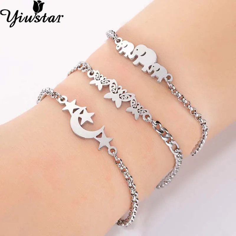 

Yiustar Stars Moon Bracelet Stainless Steel Butterfly Charm Bracelet for Women Boho Bangle Elephant Wedding Jewelry Accessories