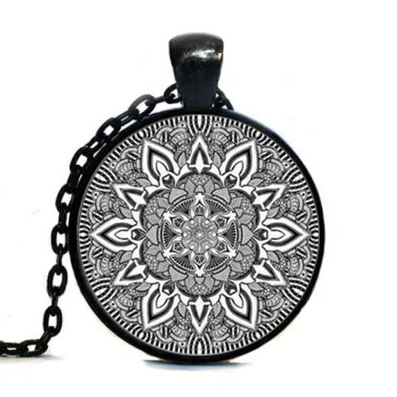 

namel mandala flower Necklace Glass Art Pendant henna yoga necklace Steampunk chain India style jewelry gift men women necklaces