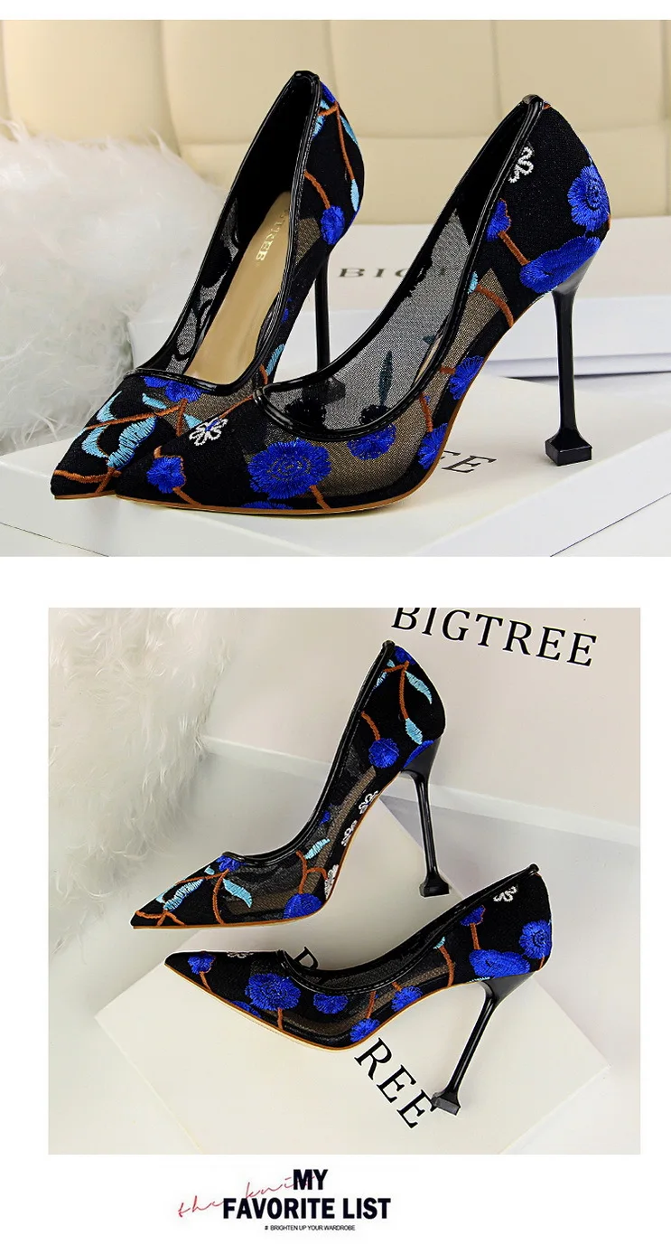 Women Pointed Toe Emboridery Lace Net Yarn High Heels Pumps Shoes Lady European Design Flowers Hollow Sexy Party Dress Stilettos