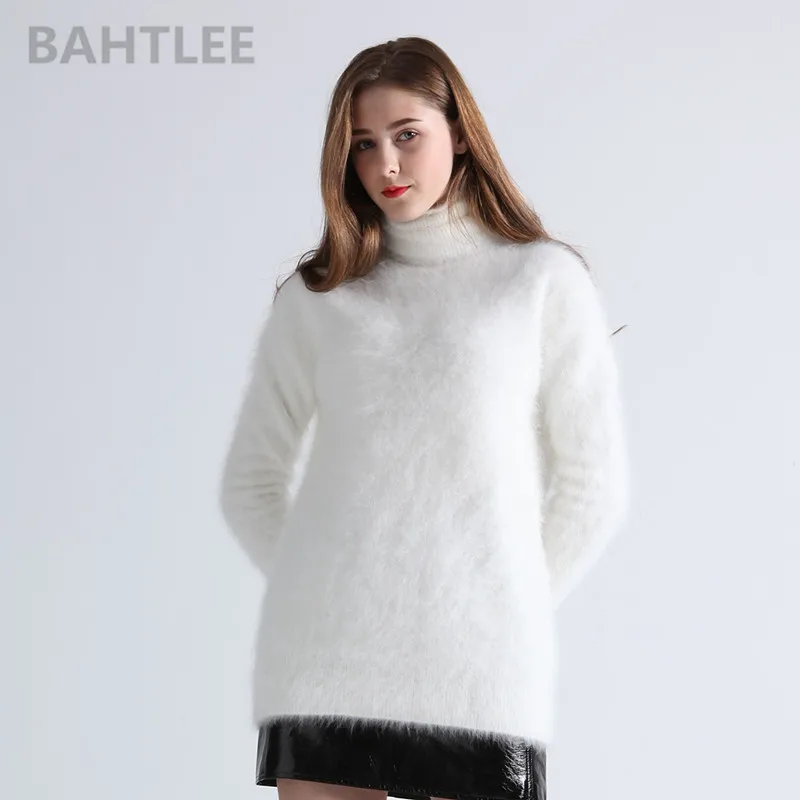 BAHTLEE Winter Women's Angora Jumper Turtleneck Pullovers Knitting Sweater Long Sleeve Keep Warm White