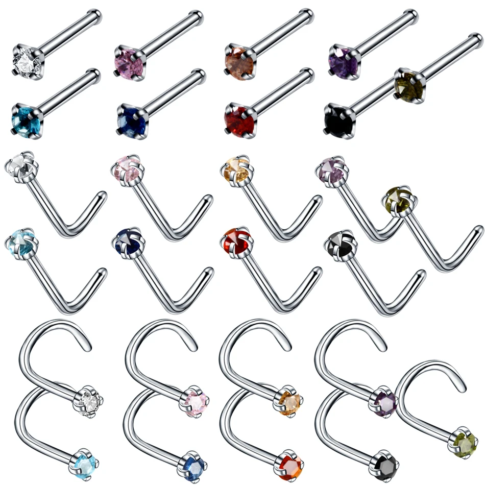 

9pcs/lot Steel Mixed Color Zircon Twist Curve Screw Nose Nostril Earring Piercings Crystal Nose Pin Stud Hoop Piercings Jewelry