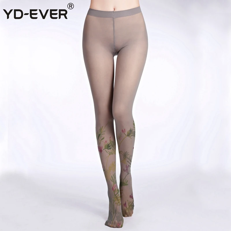 YD-EVER с цветочным принтом 2, женские колготки, хлопковые жаккардовые колготки, брендовые, модные, тонкие, весна-осень, тату, цветные, с принтом, чулочно-носочные изделия