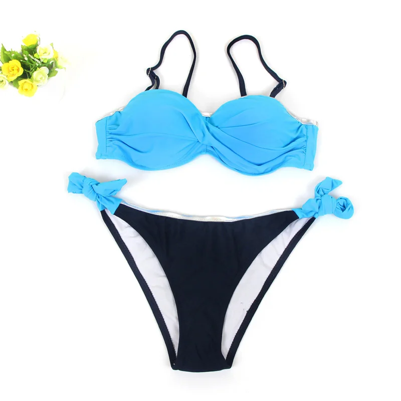 C16155 Blue Push Up Sexy Bikini Swimwear Women New Large Size Halter Swimsuit Bikini Brazilian Beachwear Bathing Suit Women Two Pieces - Цвет: C16155 Blue