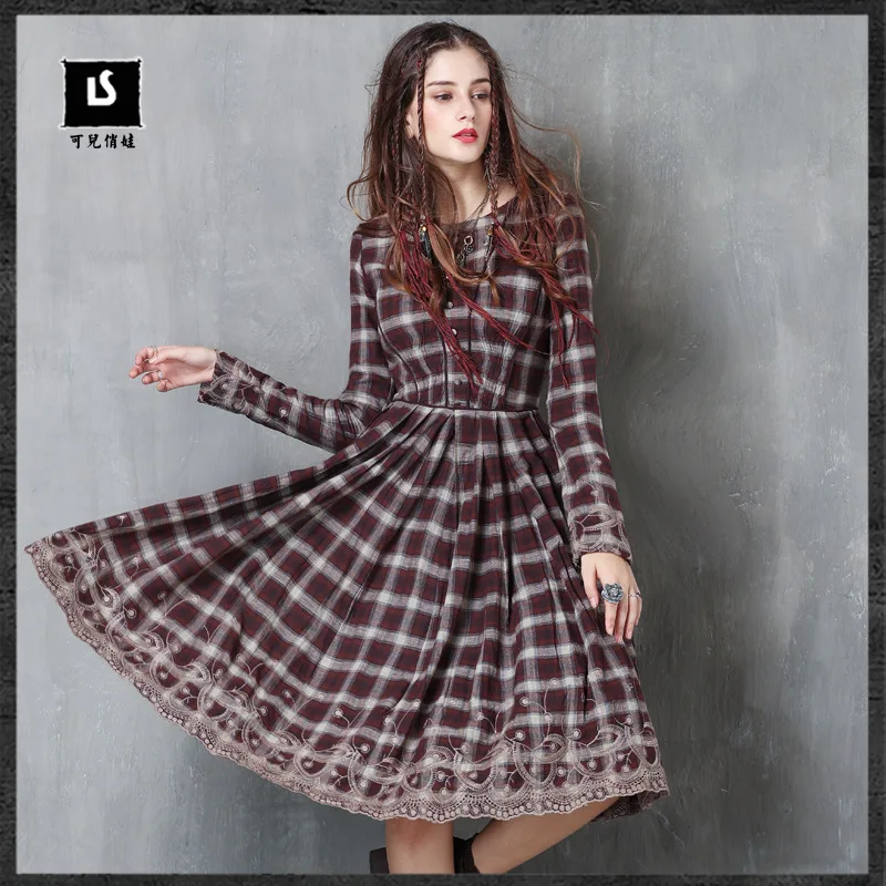 Для женщин Платья для 2018 Кир Весна Хлопок Boho одежда в клетку квадратный воротник