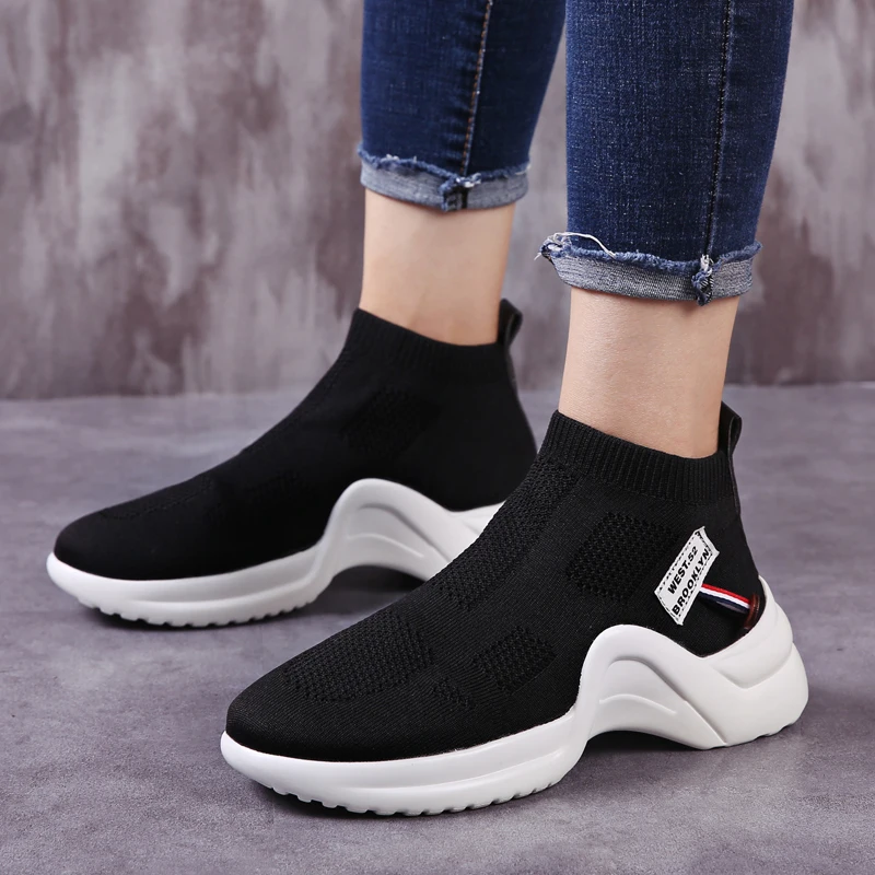 Women Sock Sneakers Mesh Breathable Slip-on Black Casual Ladies Shoes Lightweight Chaussures Femme | Обувь