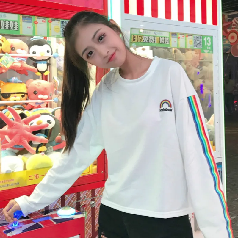 Милая Радужная полосатая футболка с вышивкой для девочек Harajuku модные женские