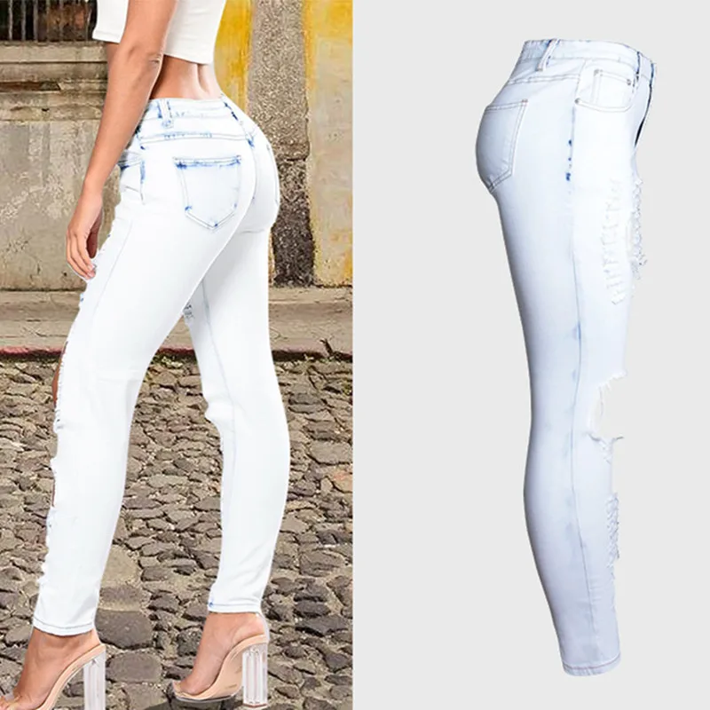 2018 Женская одежда с высокой талией узкие эластичные потертые джинсовые брюки