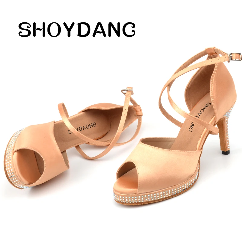 SHOYDANC Dance Shoes Women Latin Apricot/Black Rhinestone Platform Wedding Patry Ballroom | Спорт и развлечения