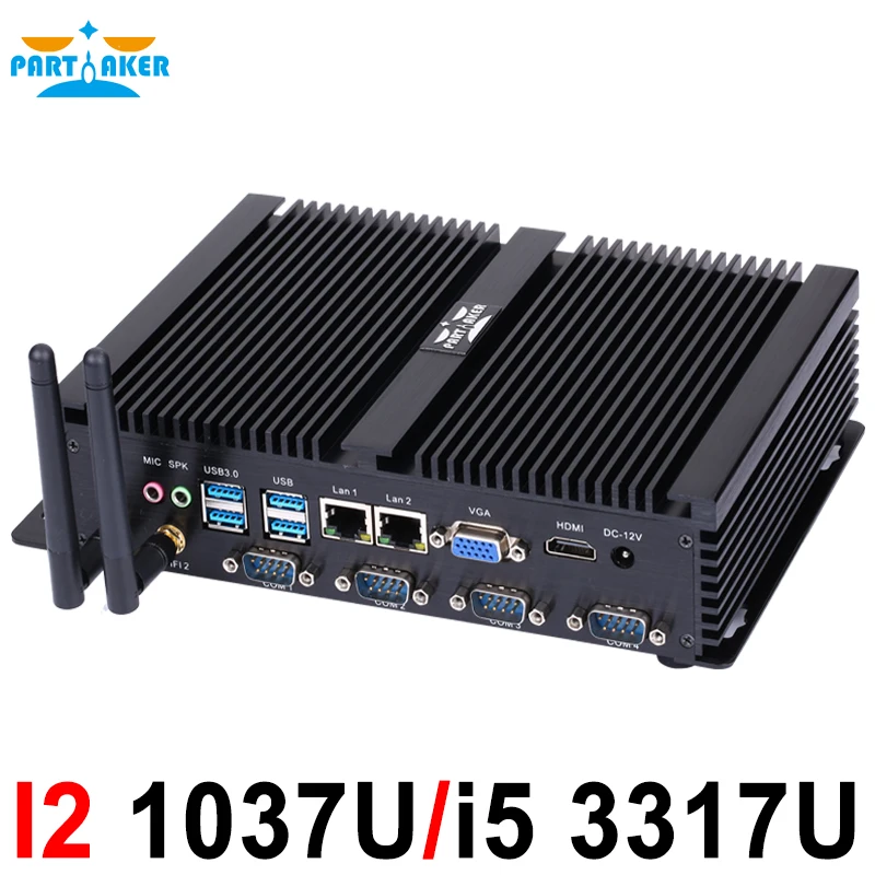 Partaker Industrial Fanless Mini PC Intel Celeron 1037U Core i5 3317U Dual-Core Dual Lan 4*COM Support Linux Windows