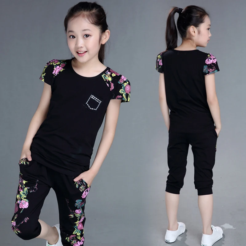 2018 летний стильный комплект одежды для девочек комплекты с цветочным рисунком