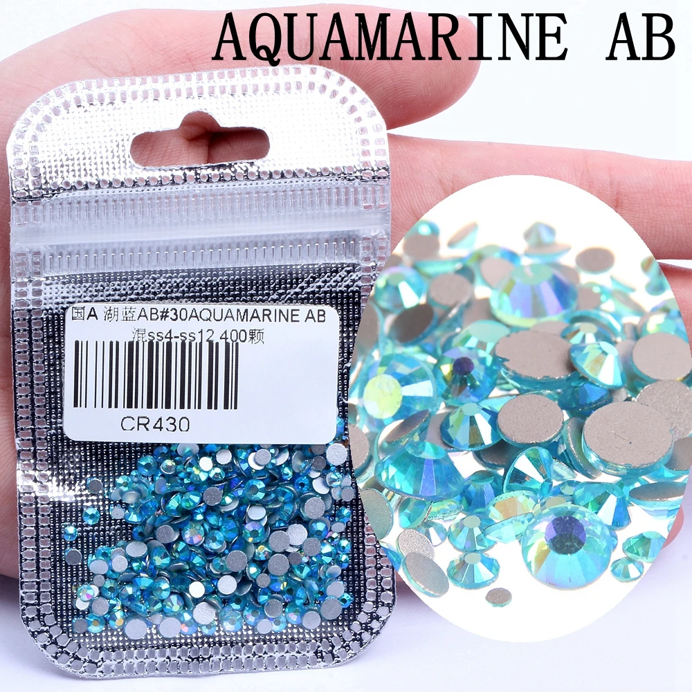 30 AQUAMARINE AB Стразы для нейл-арта, 60 цветов, 400 шт, микс из SS4-SS12, стеклянные стразы с плоской задней стороной, Стразы для ногтей, 3D украшения - Цвет: 30 AQUAMARINE AB