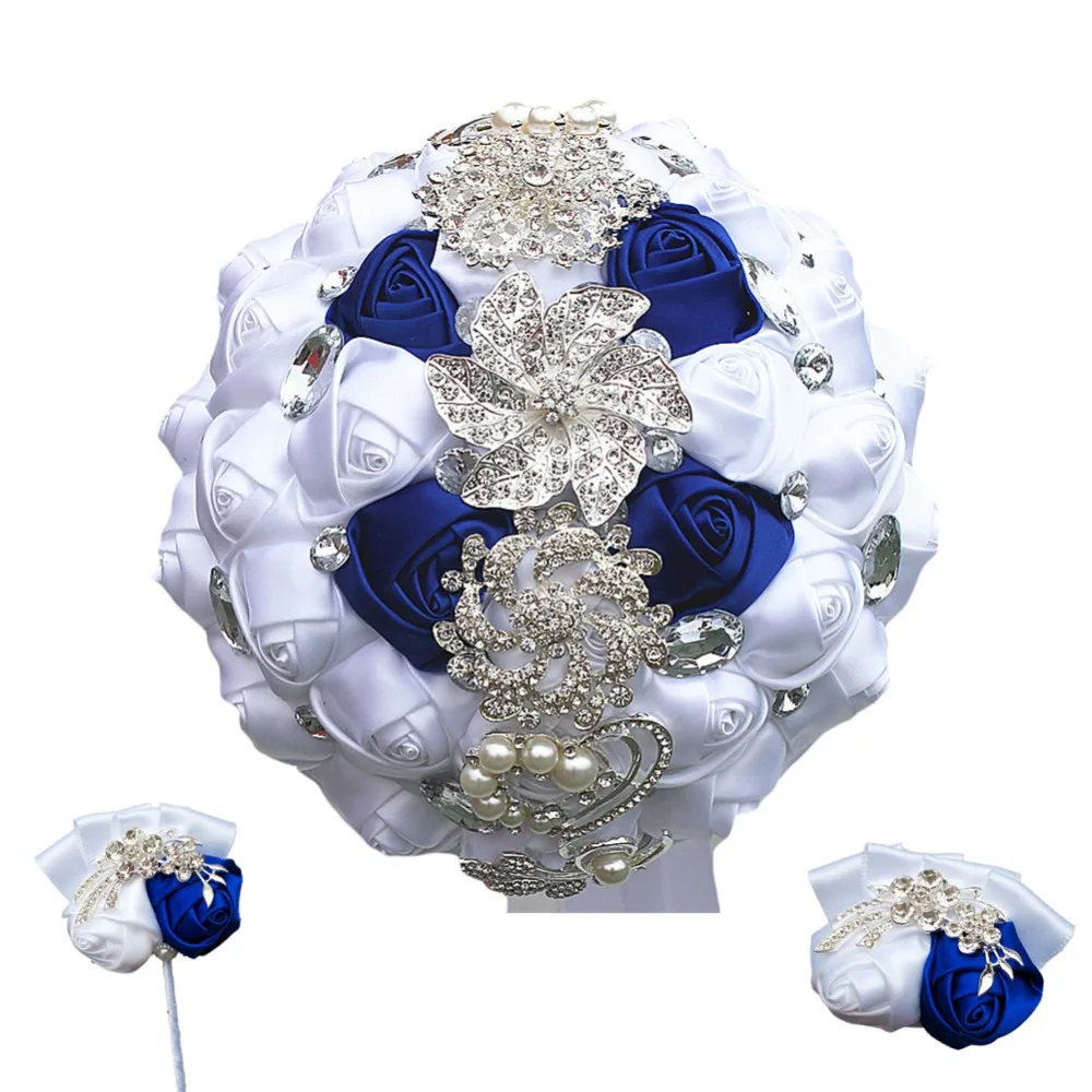 Promotional Bridal Bouquet White Mixed Royal Blue Rhinestone Ribbon Rose Handmade Corsage Wrist Flower Suit W228-4H-T