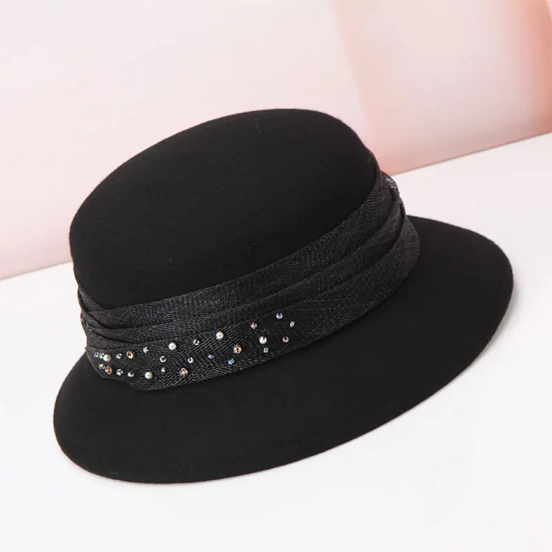 

Lady Fedoras Wool Hat Girls Bright Diamond Decorating Woolen Cap Fashion Woolen Dome Hats Female Elegant Fisherman Cap B8966