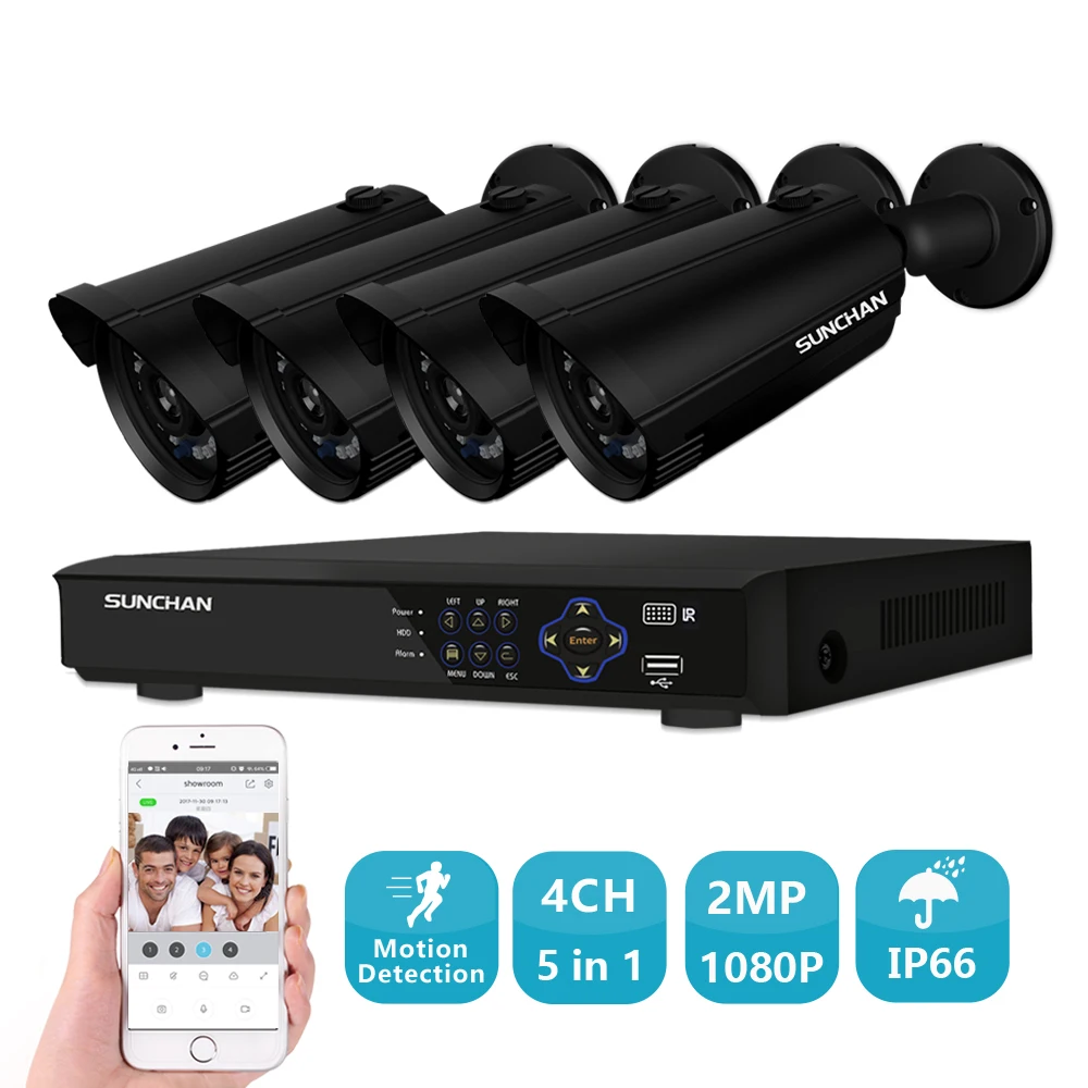 SUNCHAN 4CH AHD 1080P Система безопасности камеры 4*2.0MP 1920TVL Камеры для помещений / на открытом воздухе с защитой от погоды Видео включено.