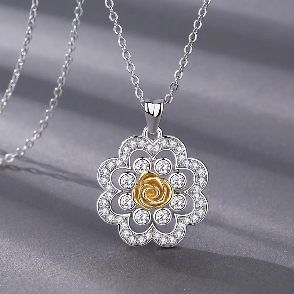 EUDORA Unique 925 Sterling Silver Cubic Zirconia Gold Rose Flower Pendant Necklace For Women Fine Sliver Jewelry Gift CYD330 | Украшения и