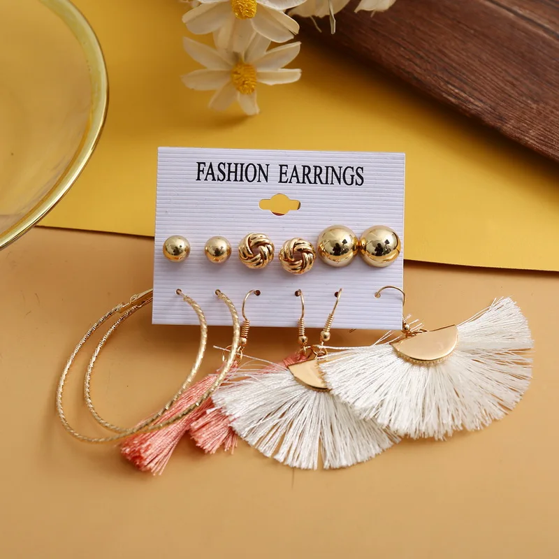Belleper New Design Tassel Earring Sets Women Geometric Bohemian Gold Flower Long Tassel Earring Set Fashion Wedding Jewelry