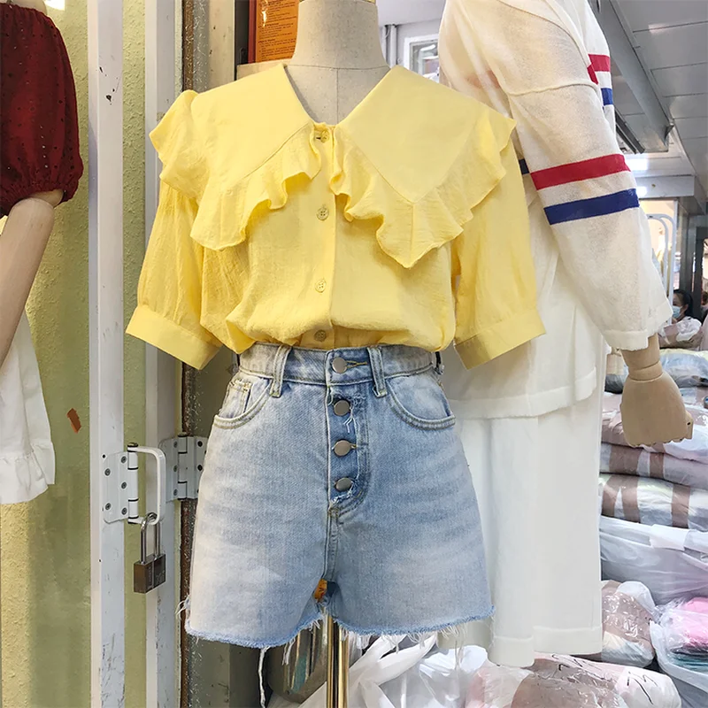 Vogue Single-breasted turndown collar Shirts Short Sleeve Korean Style Women Blusas Mujer De Moda 2018 Summer Blouses Femme Tops |