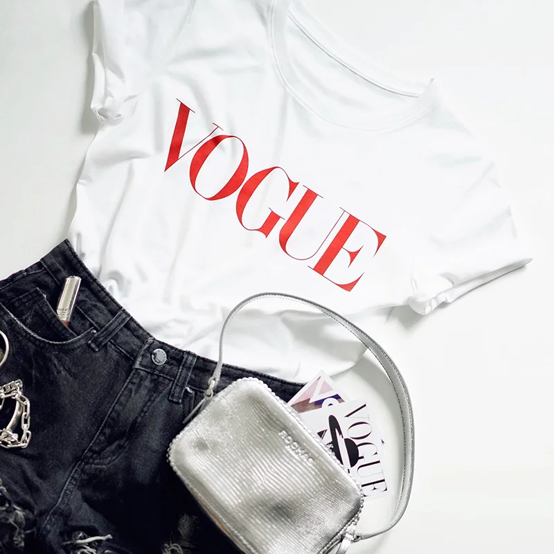 Летняя Новинка, модная женская футболка, VOGUE, с буквенным принтом, Harajuku, футболка с круглым вырезом и коротким рукавом, белые топы, женская одежда