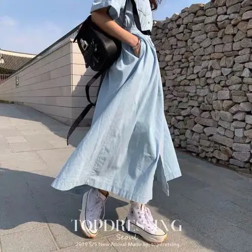 Корейский светильник длинное Синее джинсовое однобортное платье с коротким