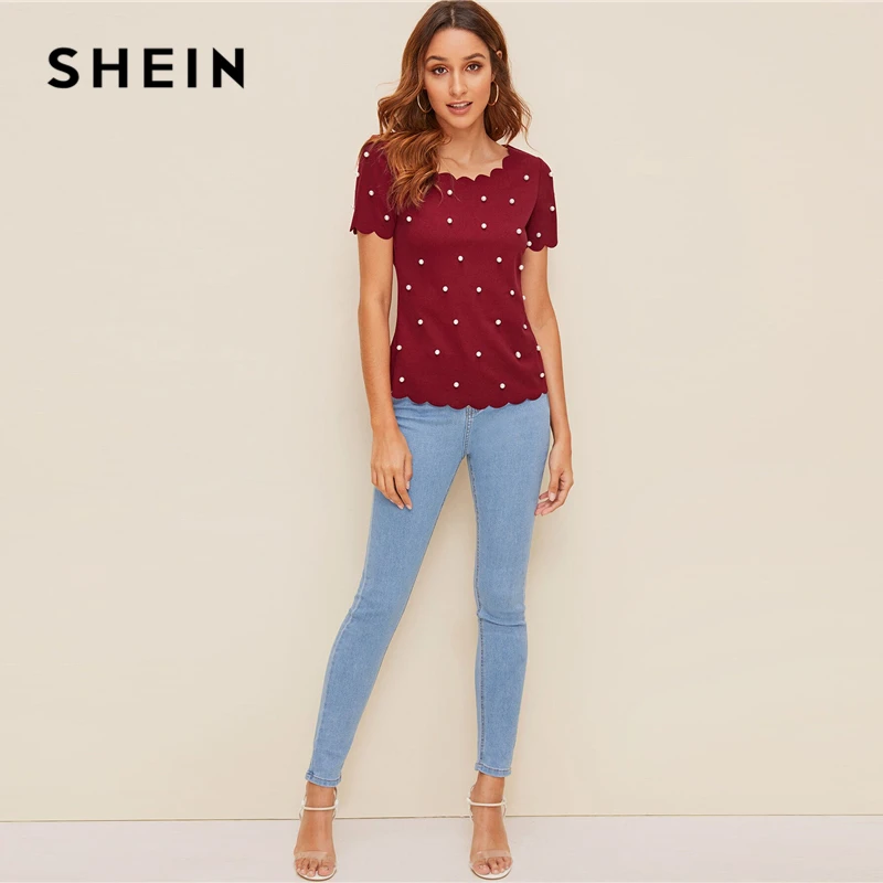 SHEIN модный топ, украшенный жемчугом, с фигурной отделкой,, однотонный, элегантный, облегающий, летний, короткий рукав, женская одежда, топы и блузки