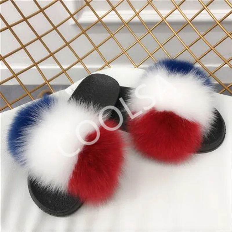 

COOLSA Women's Summer Flat Furry Sandals Real Fox Slippers Women Fur Slides Female Fluffy Plush Flip Flops Casual Fur Home Shoes