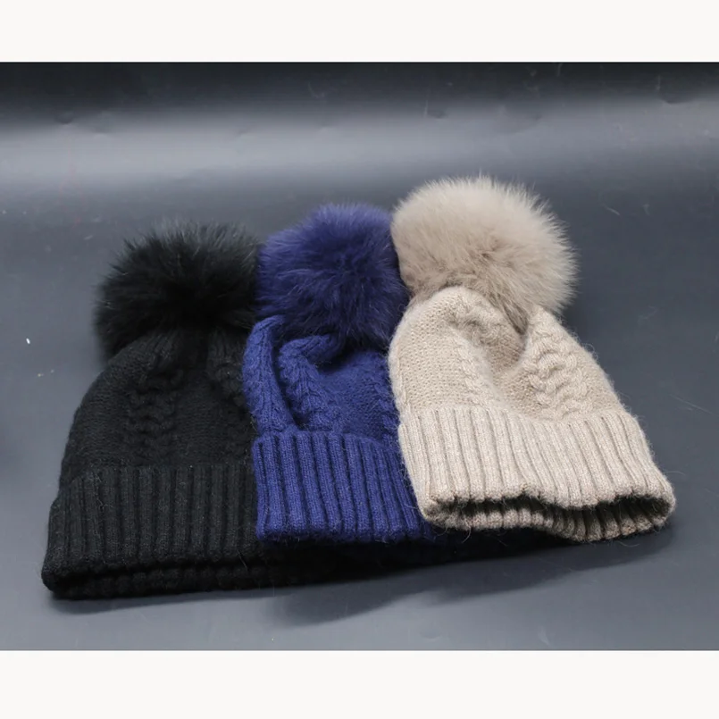 Женская Зимняя кепка с помпоном из лисьего меха вязаная шапка кашемира и шерсти