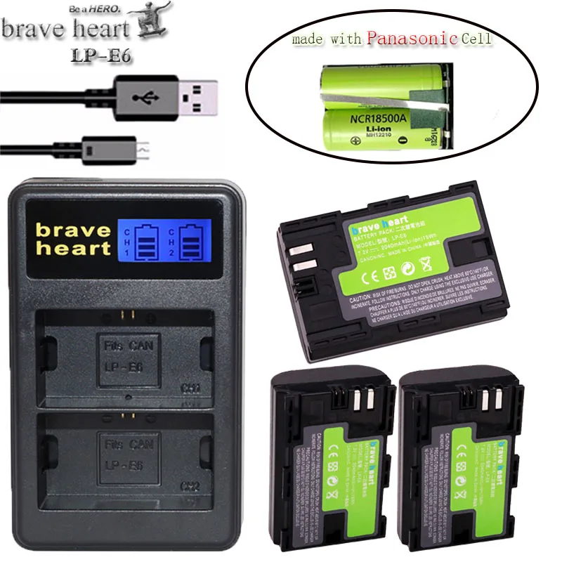 charger and 3battery 2040 мАч LPE6 LP-E6 LP-E6N LP E6 E6N батарея сделана с Panasonic ячейка LPE6N батарея для Canon EOS 5D Mark II III 7D 60D 6D - Цвет: charger and 3battery