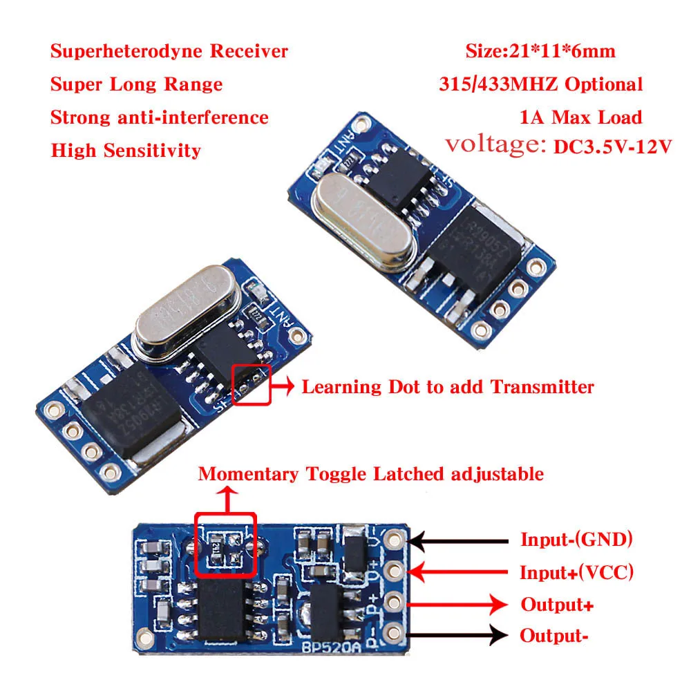 

Micro Remote Control Switch Mini Receiver DC 3.5V 4.5V 5V 6V 7.4V 8.4V 9V 12V Long Range Small Receiver Transmitter 315/433MHZ